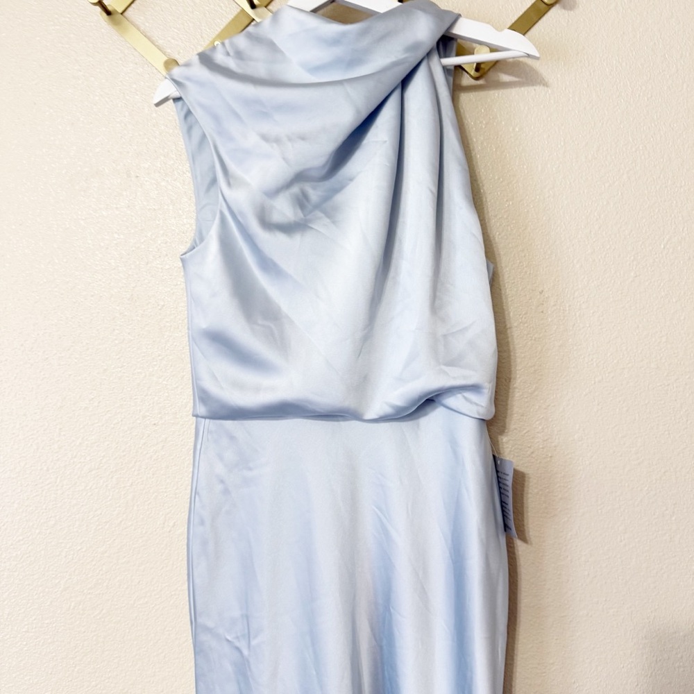 NEW Amsale Fluid Satin Draped Neck Dress in Ice Blue BHLDN Gown Asymetrical - Picture 9 of 10
